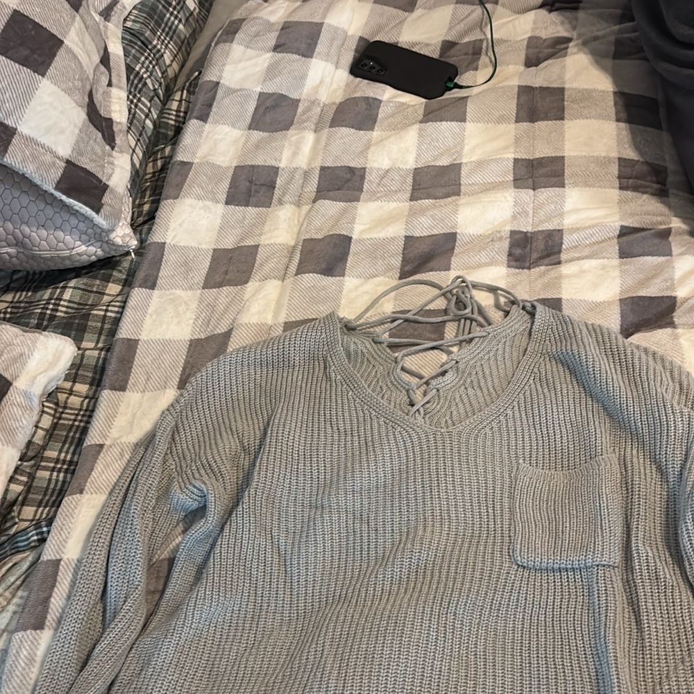 Men's Gray Sweater with Lace-Up Neck